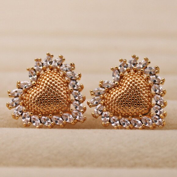 18K Yellow Gold Filled Heart White Diamond Zircon Earrings Gorgeous Gift - Picture 12 of 12